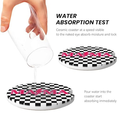 Mama Checkered Pink Car Cup Holder Coasters 2 Pack 2.63" for Women - color: White