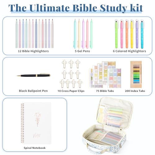 Personalized Initial Bible Cover Case for Women Bible Bag w/Study Supplies - color: Blue Flower, size: L