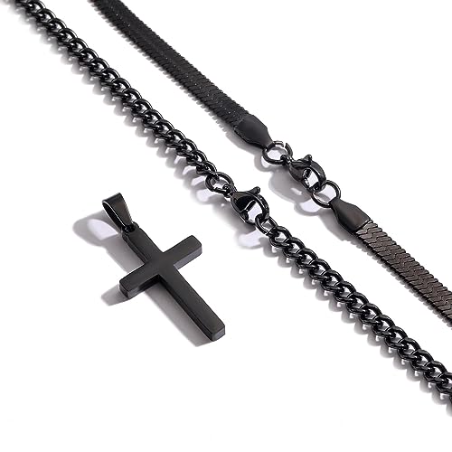 Zocomi Cross Necklace for Men Boys, Stainless Steel Layered Cuban Link Herringbone Chain Cross Pendant Christian Fashion Jewelry Gifts 16-24 Inches - color: Black, size: 16inch/18inch, style: Herringbone+Cuban