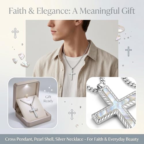 MRENITE Silver Natural Stone Cross Necklace, Classic Latin Cross Pendant Necklace for Unisex Women Man, Vintage Crystal Quartz Cross Necklace with 20+2 Inches Adjustable Cuban Chain - style: Mother of Pearl