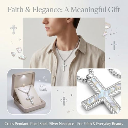 MRENITE Silver Natural Stone Cross Necklace, Classic Latin Cross Pendant Necklace for Unisex Women Man, Vintage Crystal Quartz Cross Necklace with 20+2 Inches Adjustable Cuban Chain - style: Mother of Pearl