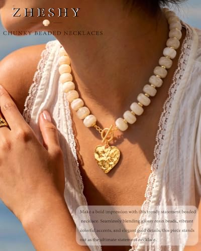 ZHESHY Chunky Beaded Necklaces for Women Heart Cross Statement Necklace - color: White 3