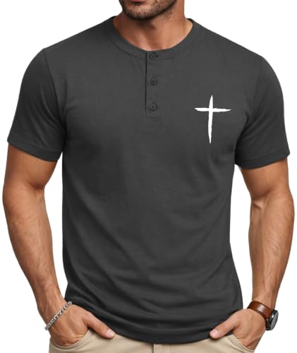 KESIHAN Christian Henley T Shirts for Men Cross Graphic Faith Casual Tee - color: Grey-6, size: X-Large