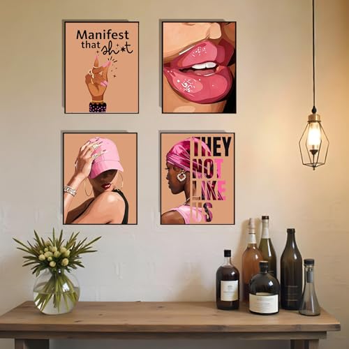 EVER-GOING TUNE Pink Black Girl Wall Art Set of 4,Trendy African American Women Wall Art,Trendy Preppy African American Woman Pictures for Living Room Bedroom College Dorm,8x10(Unframed - color: Pink Wall Art-1