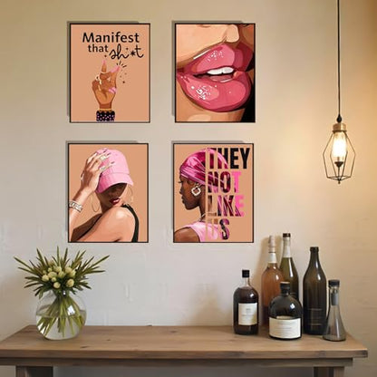 EVER-GOING TUNE Pink Black Girl Wall Art Set of 4,Trendy African American Women Wall Art,Trendy Preppy African American Woman Pictures for Living Room Bedroom College Dorm,8x10(Unframed - color: Pink Wall Art-1