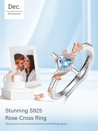 Birthday Gifts Birthstone Rings for Women 925 Sterling Silver Birthstone Rings Anchor/Tree of Life/Snake/Rose Cross Faith Religous Jewelry Gift for Wife Mom Grandma - color: 12-Topaz (C), style: Rose Cross