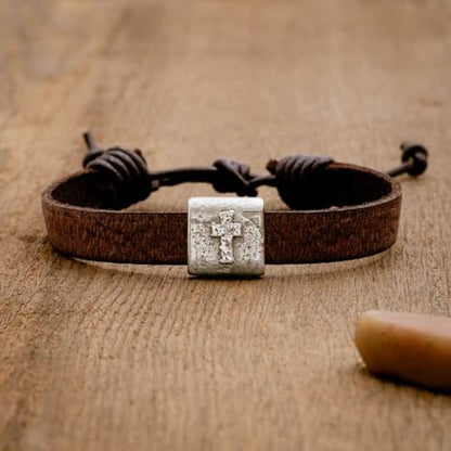 Equitable Brown/Black Leather Bracelet with Pewter Cross Bead Faith Jewelry - color: Brown Leather