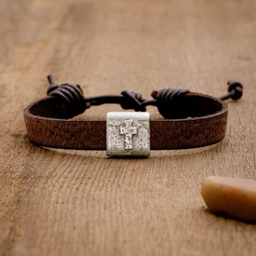 Equitable Brown/Black Leather Bracelet with Pewter Cross Bead Faith Jewelry - color: Brown Leather
