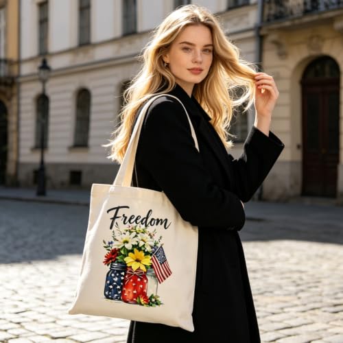 Canvas Tote Bag with Zipper, Halloween Trick or Treat Bags for Kids Bulk - color: [A0] Freedom - Beige