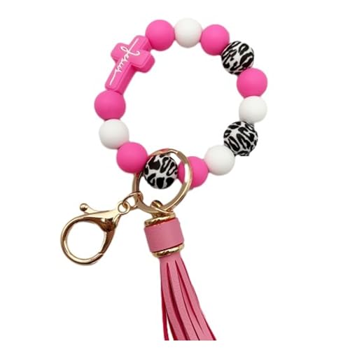 Silicone Beaded Jesus Cross Wristlet Keychain Leather Tassel,Key Ring Wrist Bangle,Key Chains Bracelet Women - color: Rose Cross