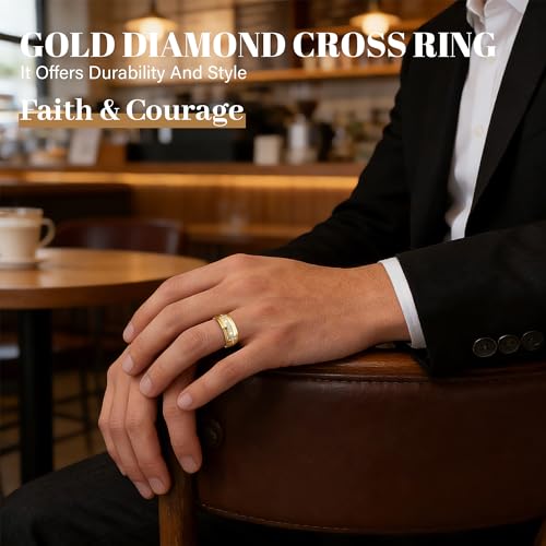 Mens Wedding Band, 18K Gold Plated Rings Non Tarnish Promise Rings For Him Lord's Prayer Cross Ring Father in Law Gifts Round Cut Anniversary Engagement Size 7-14 - size: 7