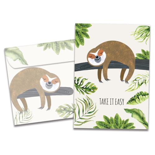 Tree-Free Greetings "Take It Slow" Sloth Get Well Card - 1 Recycled 5x7 Card & Matching Envelope, Thick Cardstock, Sustainably Made in USA - Relaxing Jungle Theme - color: Sloth Slow Lane