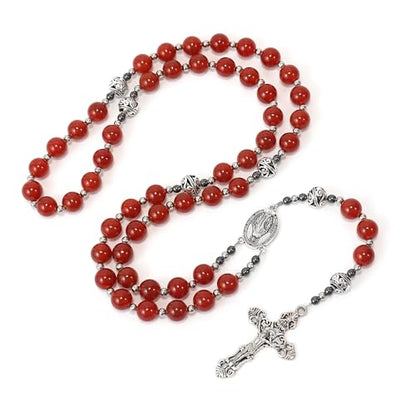 Nazareth Store Genuine Rosary Stone Beads Necklace Metal Beaded Glory Beads Miraculous Medal & Silver Cross Crucifix For Men and Womens - color: Red Garnet