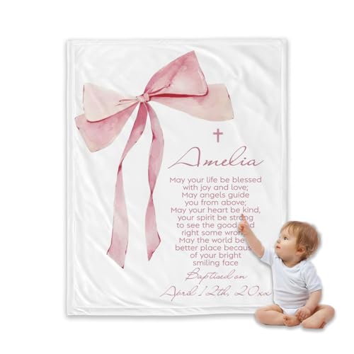 Personalized Baptism Blanket for Girl, Custom Pink Bow Christian Blanket, Baby Girl Christening Gift, Catholic Baptism Throw Blankets, Scripture Baby Blankets, Goddaughter Keepsake, Nursery Decor - color: #Ver6