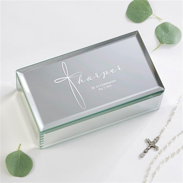 Personalization Universe Small Holy Name Engraved Mirrored Jewelry Box - Personalized Communion Gift, Velvet-Lined, for Girls, Perfect for Easter & Communion Gifts