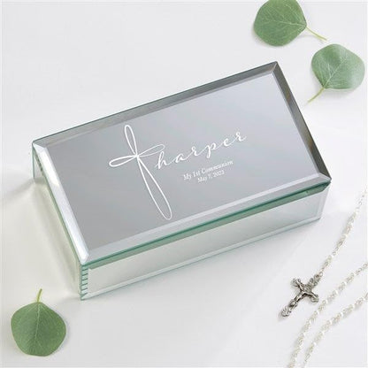 Personalization Universe Small Holy Name Engraved Mirrored Jewelry Box - Personalized Communion Gift, Velvet-Lined, for Girls, Perfect for Easter & Communion Gifts