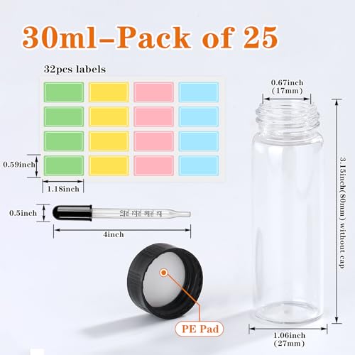1OZ Clear Glass Vials with Lids 25pcs Small Bottle with Droppers & Lables - size: 30ml 25pcs