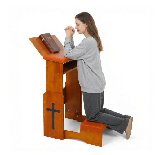 Fanwer Prayer Kneeler Bench with Foldable Book Stand, Adjustable Height Kneeling Stool with Storage Space & Thick Cushion, Space-Saving Prayer Chair for Home Church Bible Reading