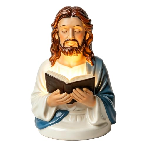 Jesus Reading Bible Statue with Warm LED Light, Christian Religious Figurine for Home, Bedroom, Prayer Room and Church Decor, Faith-Inspired Gift for Women and Men, Batteries Not Included - color: Blue