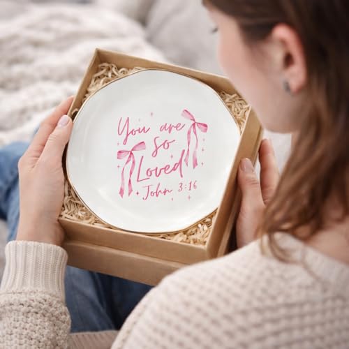 Jewelry Dish Pink Bow Ring Dish, Christian Jewelry Tray, Ceramic Trinket Dish Inspirational Faith Gift for Women, Baptism, Confirmation, Birthday - color: You Are So Loved.