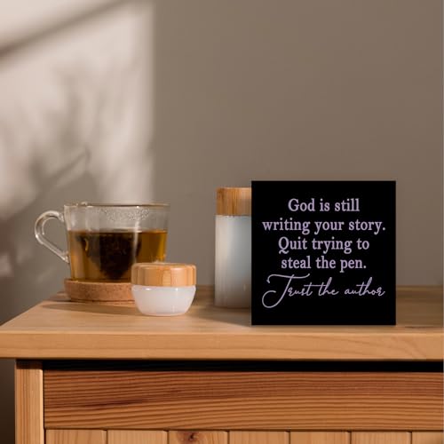 God Is Still Writing Your Story Black Purple Wood Box Sign Desk Decor 5X5, Christian Scripture Bible Verse Prayer Room Decor Block Sign Decorations for Home Office Wall Tabletop Shelf - color: Colour 15, size: 5 x 5 in