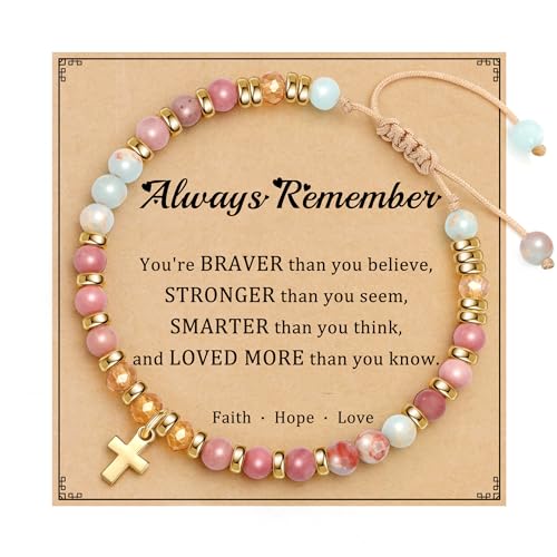 Cross Bracelets for Women Girls, Christian Gifts for Women Natural Stone Beaded Bracelets First Communion Confirmation Baptism Gifts Catholic Easter Christmas Inspirational Gift Jewelry - color: Pink Agalmatolite - Always Remember