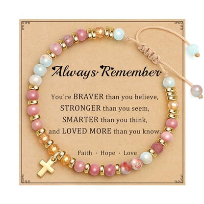 Cross Bracelets for Women Girls, Christian Gifts for Women Natural Stone Beaded Bracelets First Communion Confirmation Baptism Gifts Catholic Easter Christmas Inspirational Gift Jewelry - color: Pink Agalmatolite - Always Remember