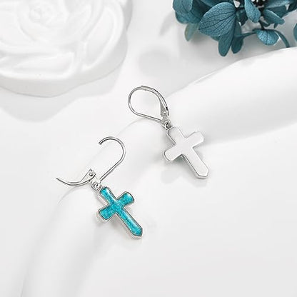 Cross Earrings 925 Sterling Silver Dangle Earring Gifts for Women - style: Turquoise Cross