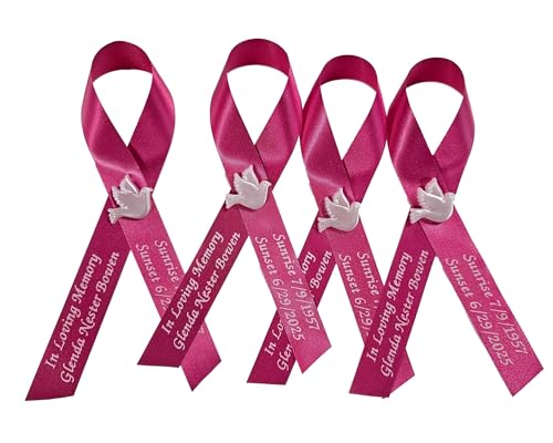 Personalized Memorial Service Funeral Ribbon Pins 20 Cross Religious Celebration of Life Custom Made Awareness Remembrance Anniversary Death Cross Sympathy Name Angel - color: Fuchsia