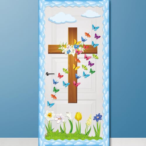 Easter Spring Bulletin Board Decoration Set He Lives Floral Cross Bulletin Board Borders Easter Butterfly Paper Cutouts Easter Christian Jesus Bulletin Boarder for Easter Spring School Classroom Decor