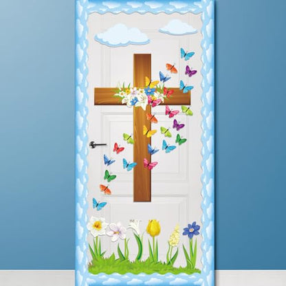 Easter Spring Bulletin Board Decoration Set He Lives Floral Cross Bulletin Board Borders Easter Butterfly Paper Cutouts Easter Christian Jesus Bulletin Boarder for Easter Spring School Classroom Decor
