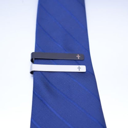 Novelty Cross Tie Clips for Men Unique Black Silver Religious Tie Clip Suitable for Regular Ties Classic Business Wedding Brass Tie Bar Jewelry with Box - color: Black Silver Cross 01