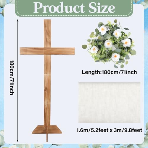 71Inch Large Wooden Cross for Wedding White Ribbon Eucalyptus Garland Brown - color: Brown, size: 71Inch
