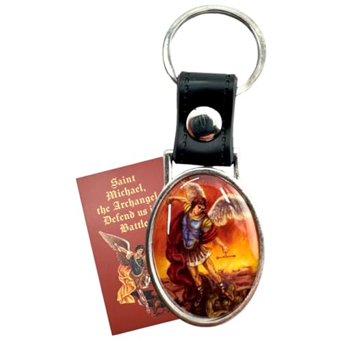 Westmon Works St Michael Keychain Pack Metal and Leather Key Ring with Holy Prayer Card