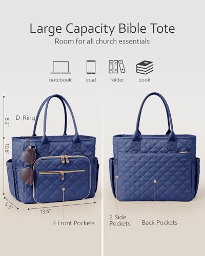 Large Bible Bag with Bible Cover Case for Women, Quilted Bible Tote Bag - color: Navy