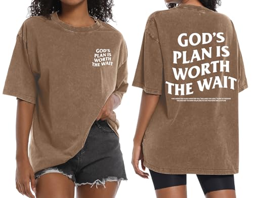 Christian Oversized Shirts for Women God Graphic Tees Shirts Bible Verse Jesus Shirt Religious Acid Wash Tshirts - color: Coffee, size: Large