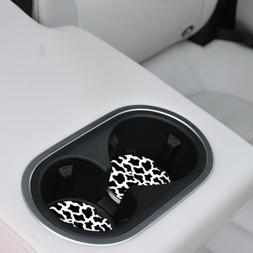 Cute Cow Print Animal Themed Black and White Ceramic Cup Holders Car Coasters Set for Women/Men,Drink Cup Car Holder Coasters with A Finger Notch 2.56" Pack of 2 - color: Cow Print Animal