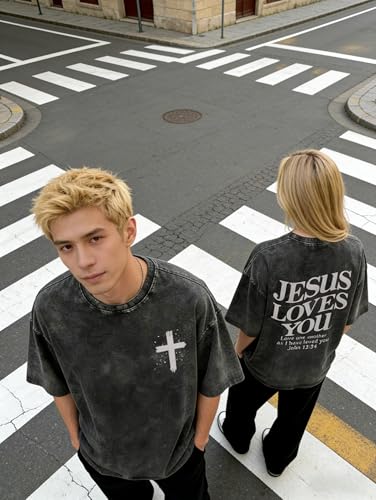 Christian Shirt for Men Jesus Loves You Shirt Oversized Acid Wash Tops - color: Darkgrey, size: X-Large
