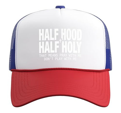Half Hood Half Holy Tshirt Christian Jesus Ghetto God Funny Trucker Hat with Adjustable Mesh Back - color: Red/White/Royal Blue