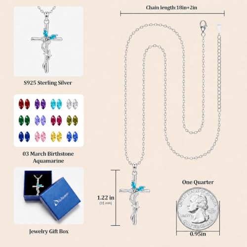 Distance Cross Necklace for Women 925 Sterling Silver Jewelry Pendant Necklace for Mom Wife Gift for Mother's Day or Birthday - style: 03-Aquamarine