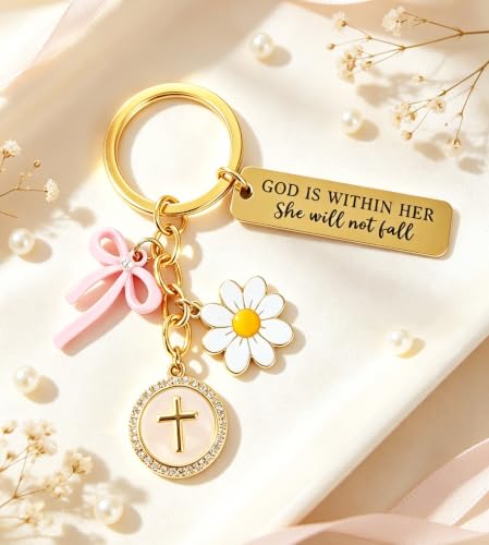 Christian Gifts Inspirational Bible Verse Religious Cross Keychain - color: Gold-1