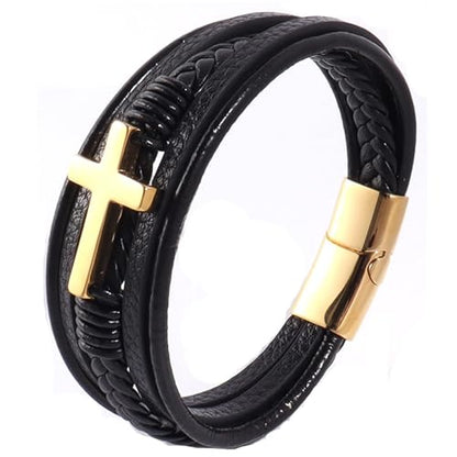 Stainless Steel Braided Leather Bracelet for Men Cuff Bangle Cross - color: 1-gold