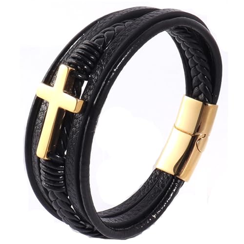 Stainless Steel Braided Leather Bracelet for Men Cuff Bangle Cross - color: 1-gold
