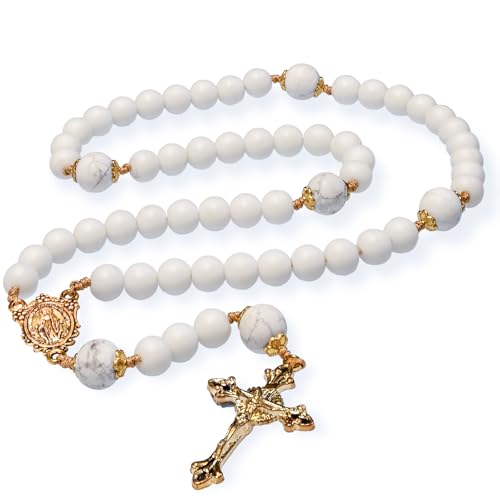 Catholic Rosary with Natural White Marble Gemstone Beads, Elegant Gold Brass Crucifix and Medal Catholic Prayer beads