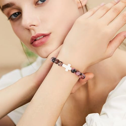 VIBILIA Cross Beaded Bracelets for Women, Birthday Gifts - color: F 1. Cross - Rhodonite