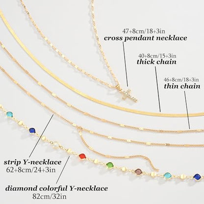 FAXHION 5PCS 14k Gold Plated Cross Necklaces for Women, Pendant Stacked Layered Diamond Y Long Boho Jewelry Sets Adjustable Accessories Trendy Gifts for Women - color: gold-01