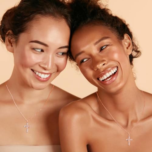 Upgraded Crown Cross Necklace for Women, CZ Pendant 18+2 - color: rose gold