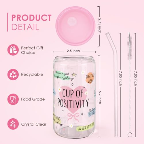 SANDJEST Inspiration Gifts - Glass Tumbler 16oz with Acrylic Lid and Straw - Iced Coffee Cups for Women, Aesthetic Glass Cup Gift for Birthday Christmas - color: Inspiration 4