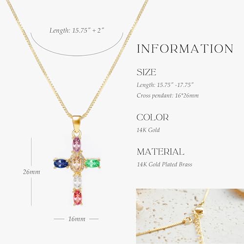 Gold Cross Necklace for Women, 14K Gold Plated - style: colorful zircon