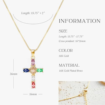 Gold Cross Necklace for Women, 14K Gold Plated - style: colorful zircon